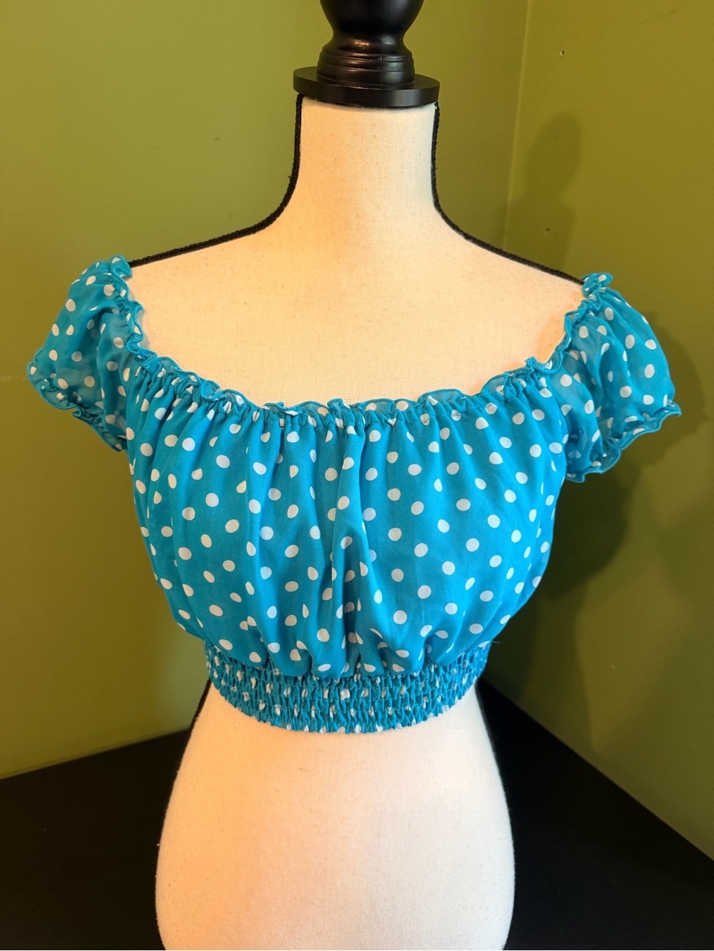 American Dream Turquoise Polka Dot Off-Shoulder Crop Top